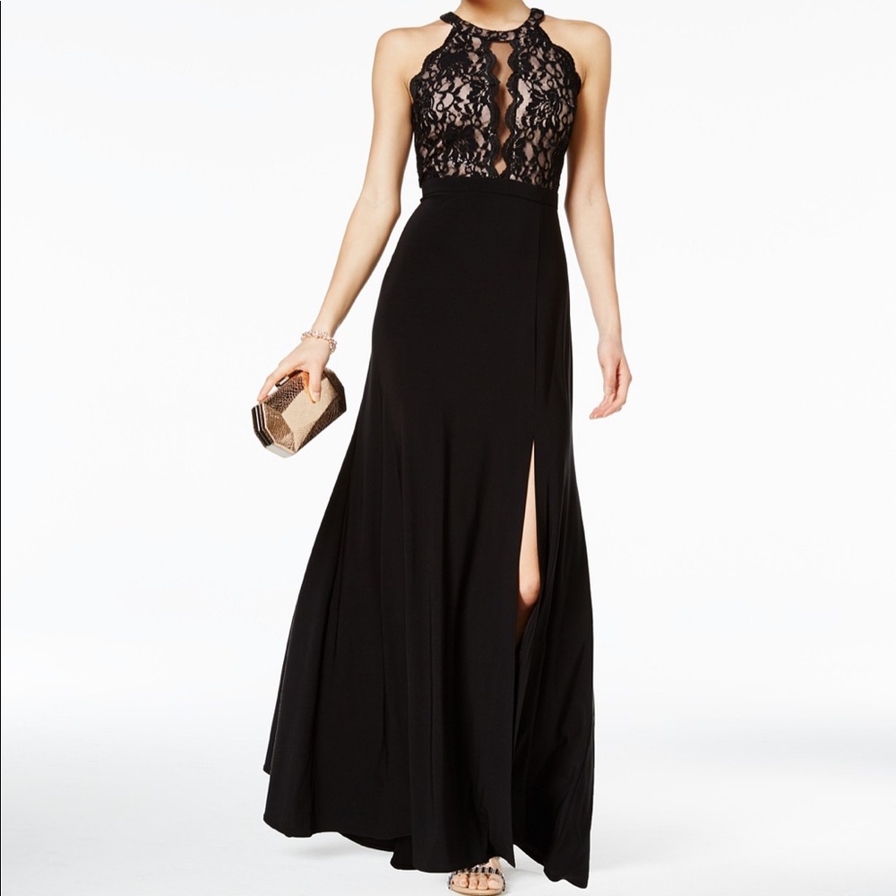 Morgan & Co Juniors’ Sequined Lace & Solid Gown